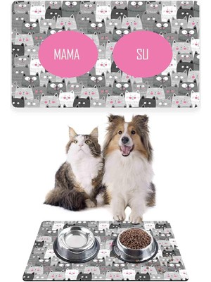 Delixa Monnhein Gri Renkli Kediler, Kedi Köpek Mama ve Su Altlığı, Mama Paspası, Kedi Köpek Mama Eğitim Pas