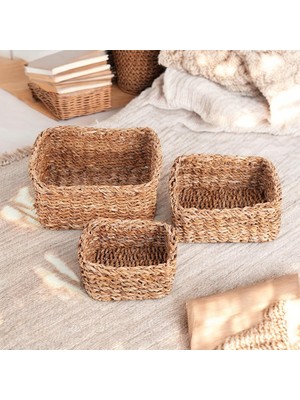 Braventa Collection Deconox 3'lü El Yapımı Doğal Kare Rattan Düzenleyici Seti | 3'lü Hasır Kare Organizer Seti – Dekorat