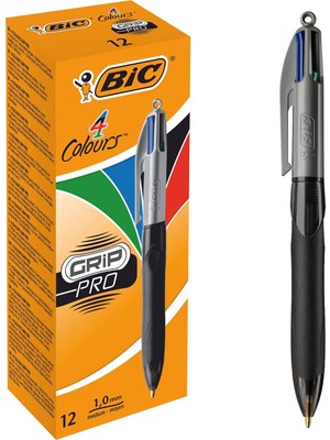 Braventa Collection Bıc 4 Colours Grip Pro Tükenmez Kalem 12'li Kutu, Kauçuk Tutacak, 1.0mm Uç, Tek Kalemde Mavi, Kırmız