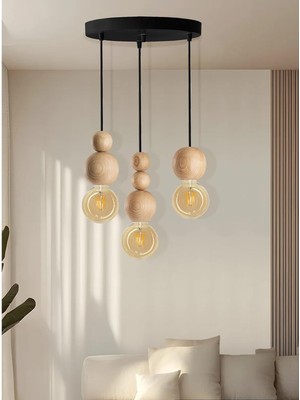 Braventa Collection Ahşap Detaylı Modern Bohem Rustik Sarkıt Avize Şık ve Doğal Tasarım Salon Oturma Odası (Siyah Ahşap)