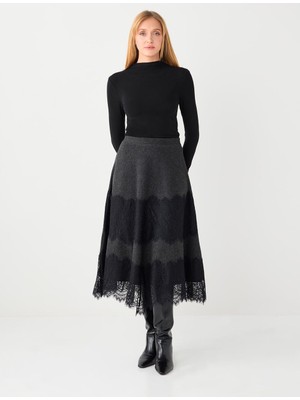 Jimmy Key Antrasit Melanj Dantel Detaylı Yüksek Bel Yumuşak Dokulu Midi Etek