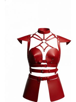 Marsilyan Kırmızı Etek Deri Tokalı Zımbalı Kısa Etek - BRF1371