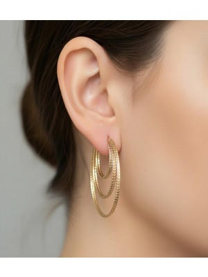 Hoolya Design Xuping Özel Tasarım Üçlü Halka Gold Çelik Küpe 3cm