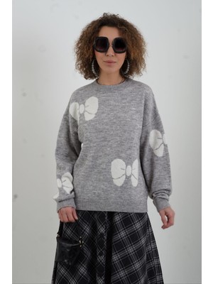 Zelish My Sister Gri Fiyonk Desenli Kazak