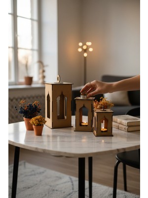 Allians 3'lü Ramazan Feneri Seti, LED Mumlu Nikah Süslemesi, Dekoratif Hediye