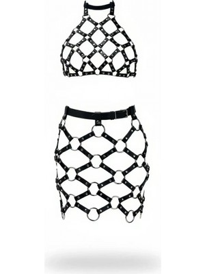 Marsilyan Siyah Etek Suni Deri Etek Metal Halkalı Mini Etek - BRF1289