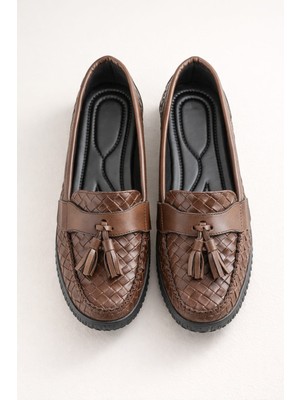 Slipcat Kadın Örgü Desenli Püsküllü Rahat Comfort Loafer