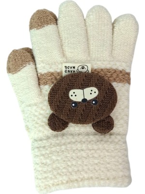 Spteks Kitti 3-6 Yaş Erkek Çocuk Krem Renk Ayıcık Figürlü Kışlık Örme Eldiven