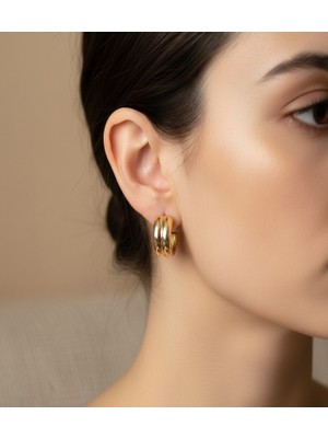 Hoolya Design Xuping Modern Tasarım Çift Halka Görünümlü Gold Çelik Küpe