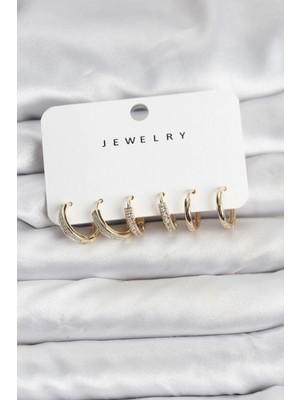 Erbilden Erb Zirkon Taşlı Gold Renk Pirinç Kadın Küpe Seti