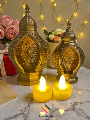 Allians Iki Parçalı Altın Renkli Hilal Desenli Ramazan Feneri Seti, LED Hediyeli