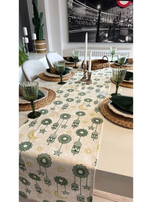 Allians Yeşil Ekru Ramazan Temalı Fener Desenli Şık Runner, Ev Dekoru Için Ideal