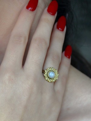 Esha Store Doğal Taş Aytaşı Yuvarlak Doğal Taşlı Antik Ayarlanabilir Kadın Yüzük EUY92AY