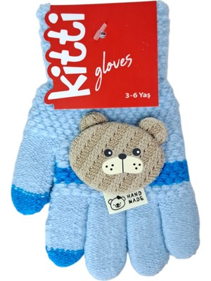 Spteks Kitti 3-6 Yaş Erkek Çocuk Bebek Mavisi Renk Ayıcık Figürlü Kışlık Örme Eldiven