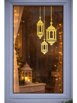 Allians Şık Ramazan Cam ve Ayna Sticker, Sarkıt Fener Tasarımı, 20X46,5 Cm, Gold