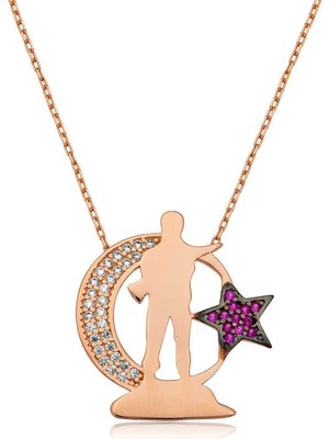 Bazarhane Gümüş Rose Ay Yıldız Asker Bayan Kolye