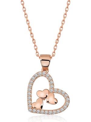 Bazarhane Gümüş Rose Kalbin Içinde Üç Kalp Kolye