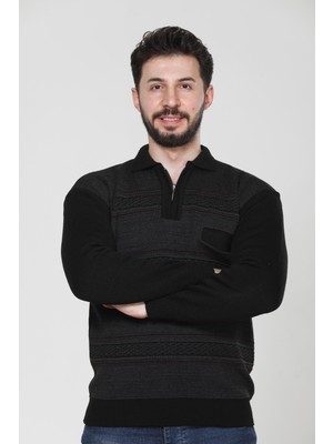 Erkek Orta Yaş ve Üzeri Triko Örgü Desenli Akrilik Kışlık Baba Cepli Polo Yaka Kazak