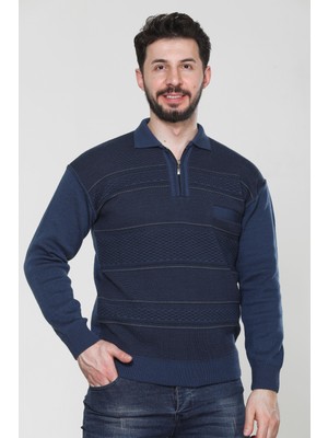 Erkek Orta Yaş ve Üzeri Triko Örgü Desenli Akrilik Kışlık Baba Cepli Polo Yaka Kazak