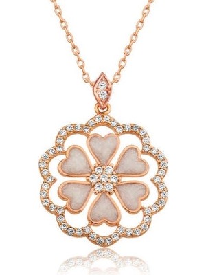 Bazarhane Gümüş Rose Kalp Çiçek Bayan Kolye