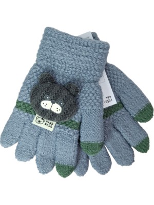 Spteks Kitti 3-6 Yaş Erkek Çocuk Anaokulu Su Yeşili Renk Ayıcık Figürlü Kışlık Örme Eldiven