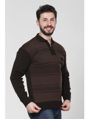 Erkek Orta Yaş ve Üzeri Triko Örgü Desenli Akrilik Kışlık Baba Cepli Polo Yaka Kazak