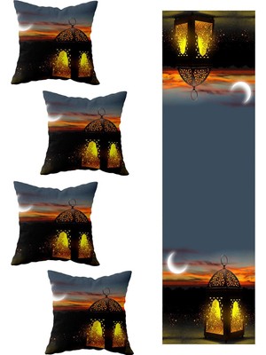 Allians Ramazan Temalı Hilal Ay Masa Dekoratif Kırlent ve Runner Seti, 4'lü