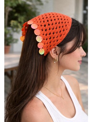 Ges Shop Kadın Oranj El Örgüsü Üçgen Tasarım Model Bandana Saç Aksesuarı
