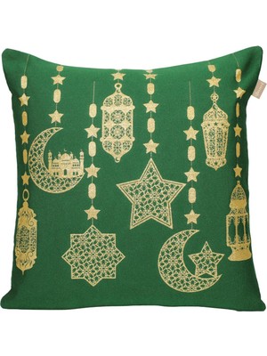 Allians Yeşil Simli Jakarlı Kırlent 45X45, Ramazan Temalı Dekoratif Goblen