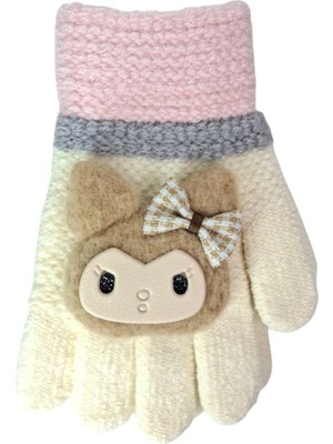 Spteks Kitti 4-8 Yaş Kız Çocuk Ekru Renk Sevimli Figürlü Kışlık Örme Eldiven