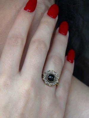 Esha Doğal Taş Oniks Yuvarlak Doğal Taşlı Antik Ayarlanabilir Antik Kadın Yüzük EUY92O