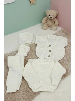 Krem Rengi Triko 5 Parça Takım | Kışlık Erkek Bebek | Alt Üst Örgü Set | Minik Dünya