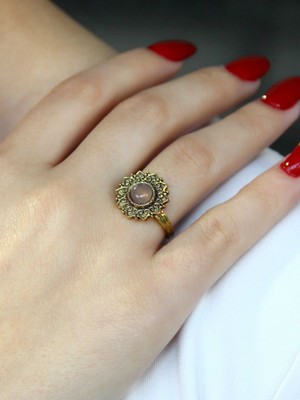 Esha Doğal Taş Pembe Kuvars Yuvarlak Doğal Taşlı Antik Ayarlanabilir Kadın Yüzük EUY92PK