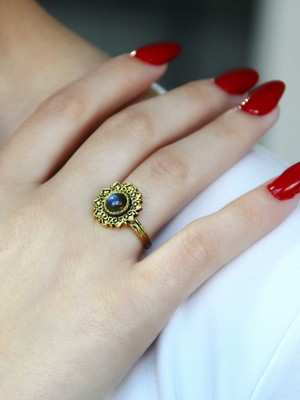 Esha Store Doğal Taş Labradorit Yuvarlak Doğal Taşlı Antik Ayarlanabilir Kadın Yüzük EUY92LBT