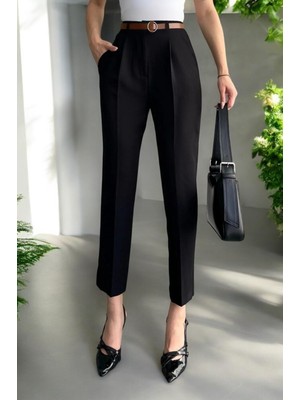 DESIGN AND ME Kadın Yüksek Bel Dar Paça Pileli Kemerli Mevsimlik Kumaş Pantolon