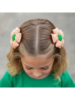 Woodycord El Yapımı Pofuduk Kareli Ikili Çiçek Toka Seti