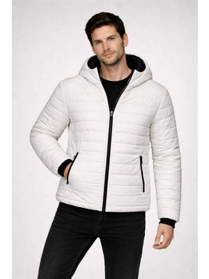 Velmora Fashion Erkek Şişme Kapüşonlu Fermuarlı Mont Su Itici Kapitone Astarlı Kumaş Cepli Kışlık Rahat Kalıp - Krem