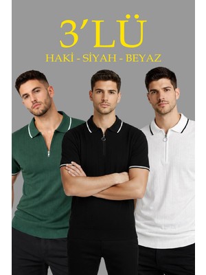 Velmora Fashion Erkek 3 Lü Paket Dokuma Triko  Fermuarlı Yakalı Fitilli Kısa Kollu Regular Fit Tişört - Beyaz, Haki, Siyah