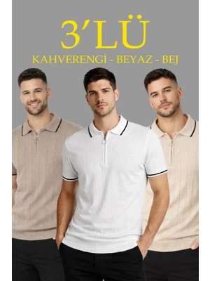 Marsilyan- Erkek 3’lü Paket Dokuma Triko  Fermuarlı Yakalı Fitilli Kısa Kollu Regular Fit Tişört - Kahverengi, Beyaz, Bej