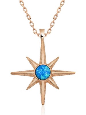 Bazarhane ​gümüş Rose Mavi Opal Taşlı Kutup Yıldızı Kolye