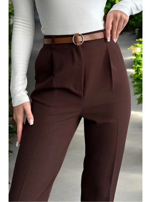 DESIGN AND ME Kadın Yüksek Bel Dar Paça Pileli Kemerli Mevsimlik Kumaş Pantolon