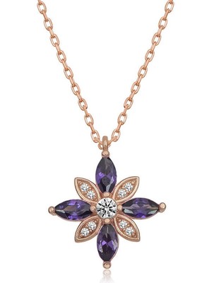 Bazarhane Gümüş Rose Mor Taşlı Umut Çiçeği Kolye