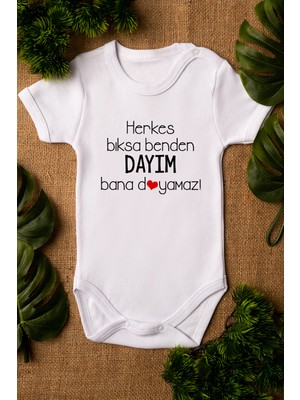 Overoz Herkes Bıksa Benden Dayım Bana Doyamaz Baskılı Beyaz Bebek Body Zıbın 5139