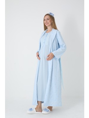 Erdeniz Tekstil Hamile &lohusalar Için Viskoz Gecelik ve Jakarlı Havlu Sabahlık Seti–kışlık-Desenli-Kuşaklı-2’li Set