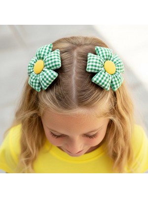 Woodycord El Yapımı Pofuduk Kareli Ikili Çiçek Toka Seti