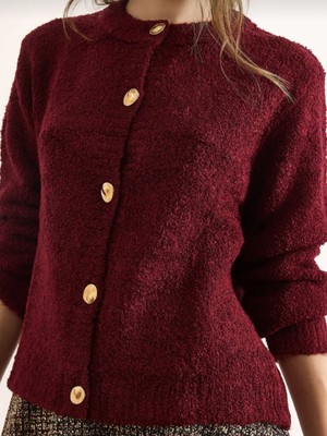 Mery Mery Boutique Gold Düğmeli Buklet Rahat Kadın Triko Hırka