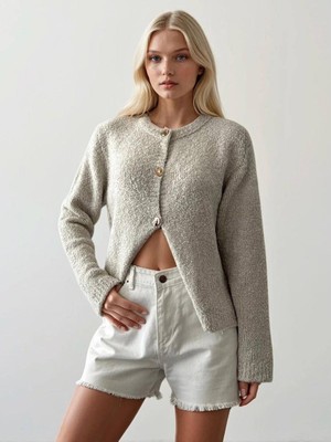 Mery Mery Boutique Gold Düğmeli Buklet Rahat Kadın Triko Hırka