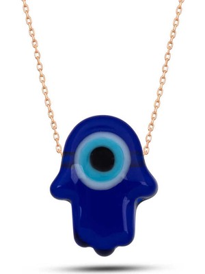 Bazarhane Gümüş Rose Mavi Nazarlı Cam Fatma Ana Eli Kadın Kolye