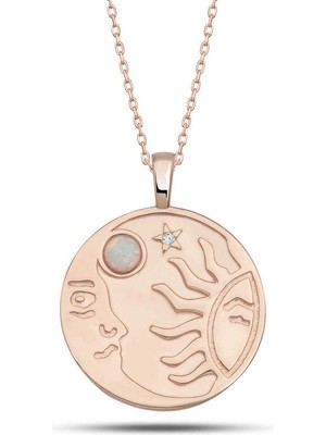 Bazarhane Gümüş Rose Opal Beyaz Taşlı Ay Güneş Kadın Kolye