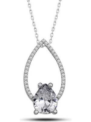 Bazarhane Gümüş Beyaz Taşlı Damla Kadın Kolye